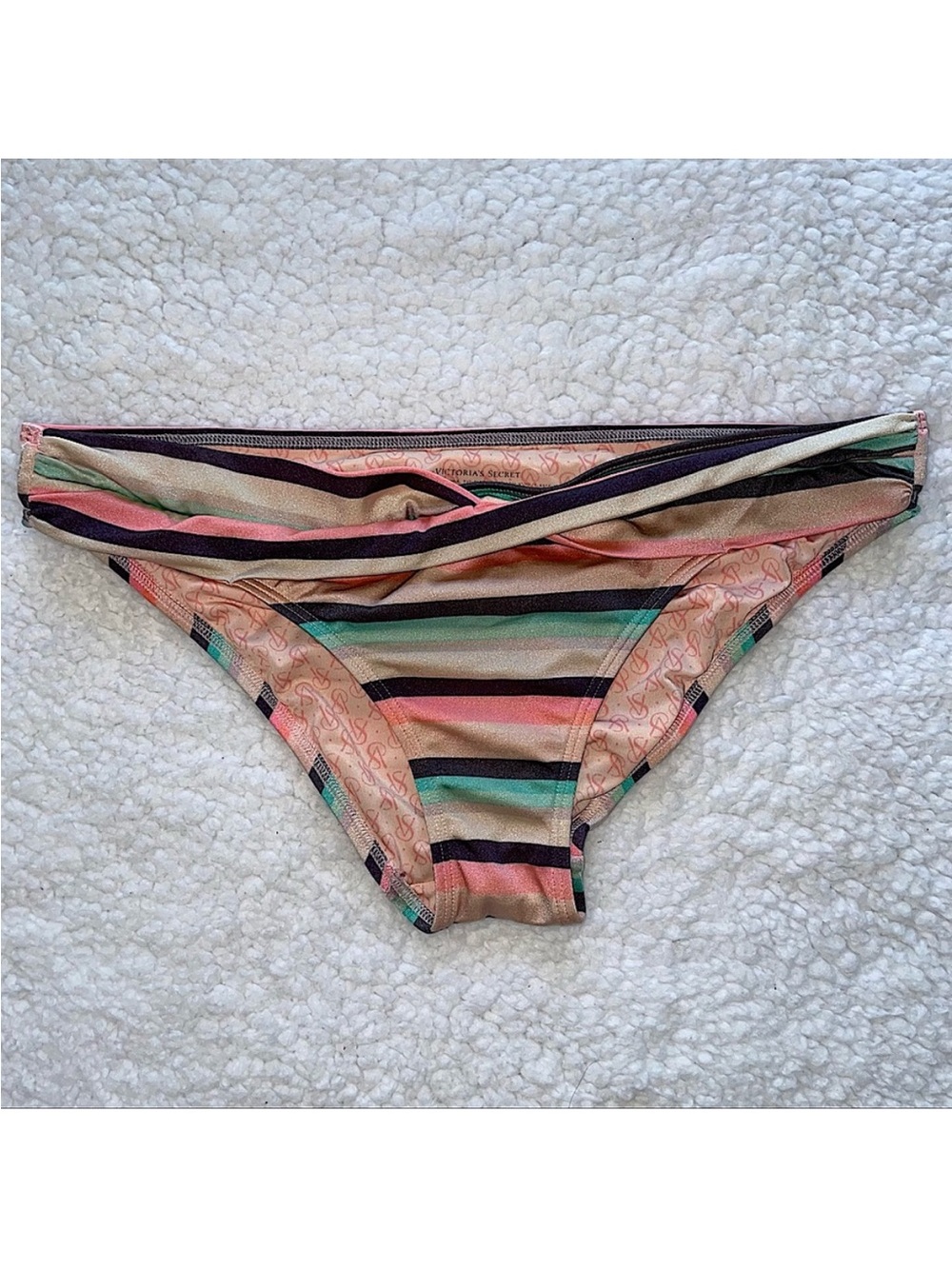 Victoria’s Secret bikini swim bottoms stripes peach teal front cross over band M